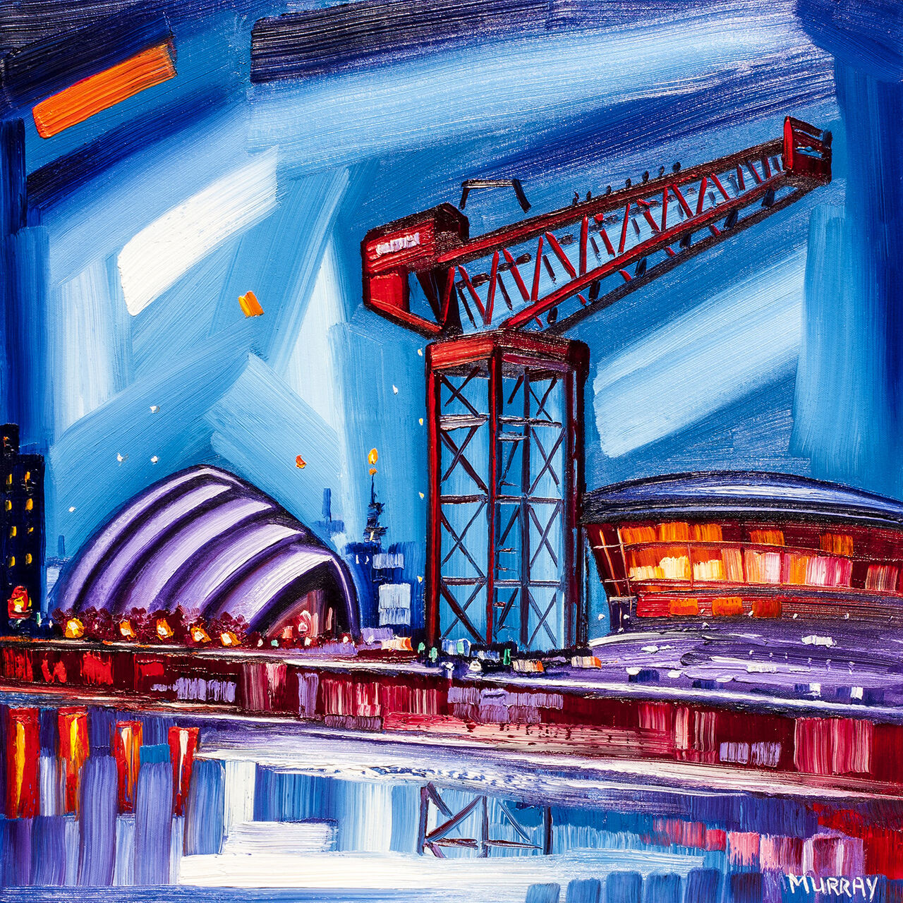The image depicts a vibrant, expressionist-style painting of an industrial scene featuring a crane, buildings, and reflective water. By Raymond Murray
